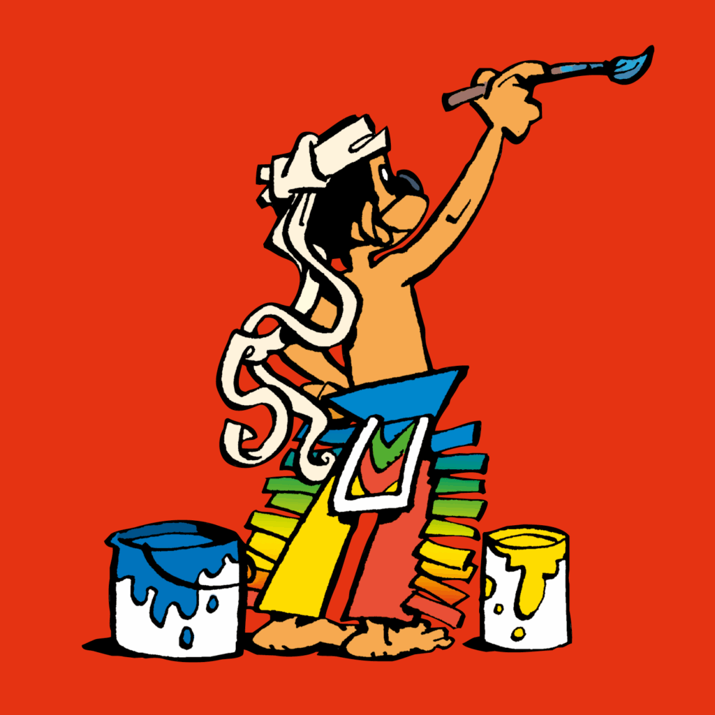 Mr. Kläx hält einen Pinsel und malt