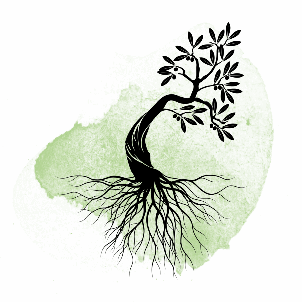 Gezeichneter kleiner Baum mit tiefen Wurzeln auf einem grünen Aquarell-Kleks